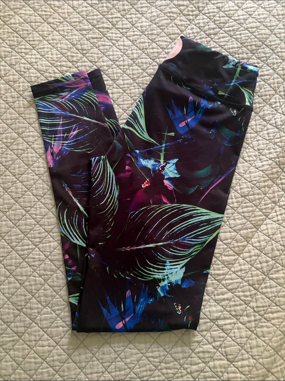 Amelia James Black Leggings with Green and Blue Tropical Print